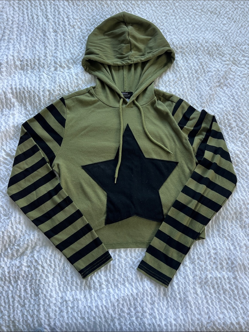Social Collision Olive Crop Top Hoodie with Drawstring Hood*